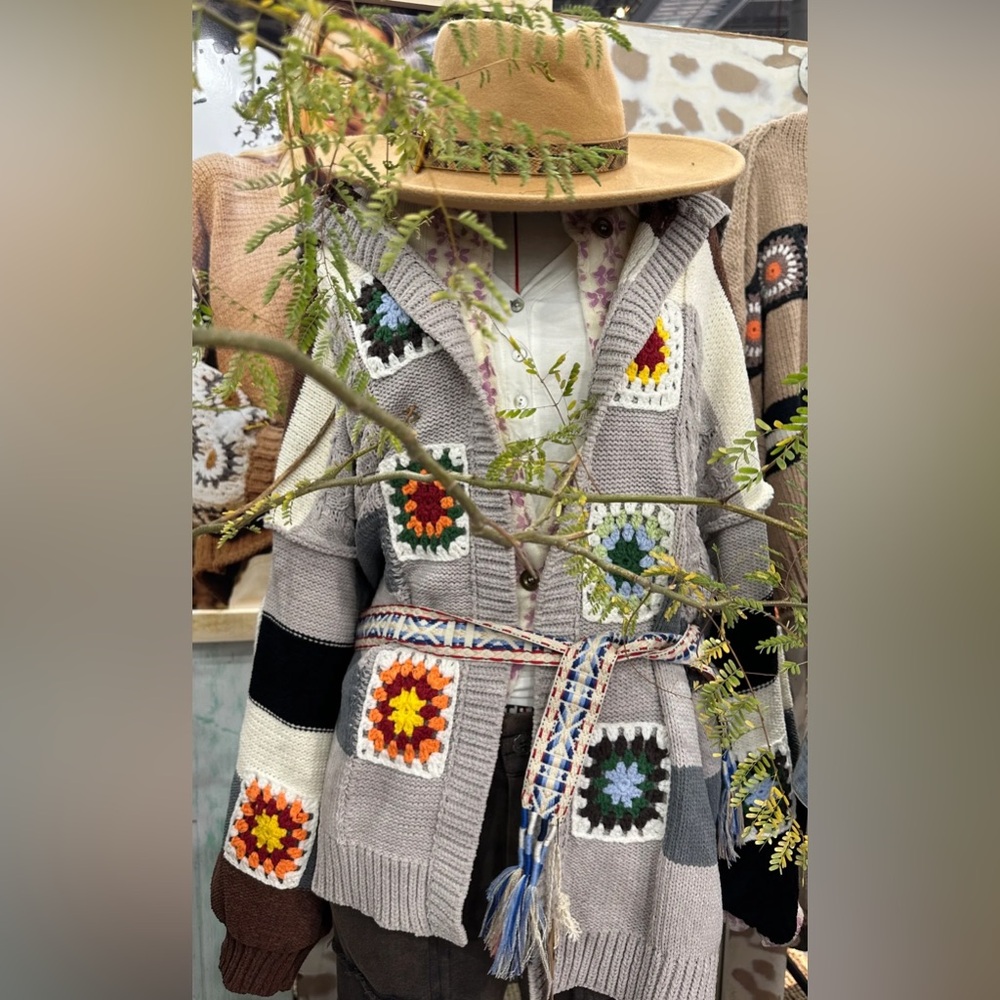 POL New Crochet Granny Square Long Hooded Cardigan New Size Small
